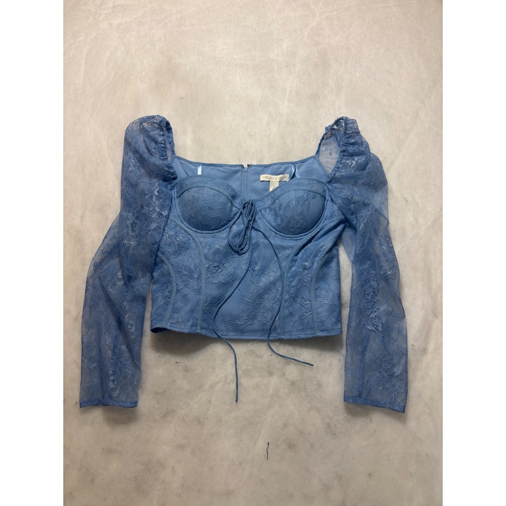 Chelsea & Violet Blue Lace Corset Top Long Puff Sleeve Sweetheart Size 4 NWT